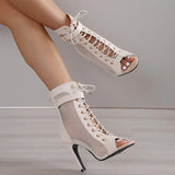 Women's Mesh Lace Up Buckle Ankle Boots - Red - Mesh Booties - 43 B - PU Leather - image 4