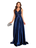 Women's Elegant Satin Sequin Dresses - Navy Blue - Evening Dress - XXL - Polyester Sequin - image 7