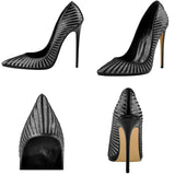 Women's Classic Black Striped Stiletto Pumps - Black - 12cm Heel - 46 B - PU Leather - image 16