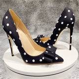 Women's Silk Polka Dot Bow Knot Heels - Black - 1 / 12cm Heel - 46 B - Silk/Leather - image 12