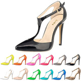 Women's Super High Heel T-Strap Stilettos - Black - Ladies Dress Shoe - 12 B - PU Patent Leather - image 18
