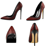 Women's Classic Black Striped Stiletto Pumps - Black - 12cm Heel - 46 B - PU Leather - image 17