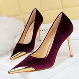 Women's Velvet Stilettos Metal Toe Heel - Wine Red - Party Pumps - 40 B - PU Leather - image 6