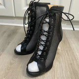 Women's Mesh Peep Toe Stiletto Booties - Beige - 10cm Mesh Booties - 43 B - PU Leather - image 27