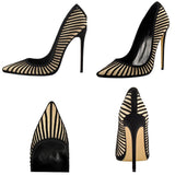 Women's Classic Black Striped Stiletto Pumps - Black - 12cm Heel - 46 B - PU Leather - image 18