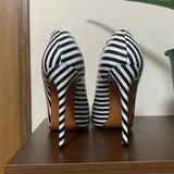 Women's Luxury Striped High Heel Stilettos - Black/White - 12cm Heel - 46 B - PU Leather - image 6