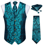 Men's 4 Pcs Teal Silk Paisley Tie Vest Set - Teal - 4pc Tie Set - MD-0412-7885 - 3XL - Silk - image 2