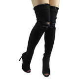 Women's Denim Over Knee Stiletto Boots - Black - Stiletto Boots - 41 B - PU/Canvas - image 32