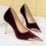 Women's Velvet Stilettos Metal Toe Heel - Wine Red - Party Pumps - 40 B - PU Leather - image 4