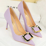 Women's Square Buckle Pointed Toe Pumps - Black - Formal Shoes - 40 B - PU Leather - image 37