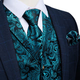 Men's 4 Pcs Teal Silk Paisley Tie Vest Set - Teal - 4pc Tie Set - MD-0412-7885 - 3XL - Silk - image 3