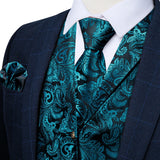 Men's 4 Pcs Teal Silk Paisley Tie Vest Set - Teal - 4pc Tie Set - MD-0412-7885 - 3XL - Silk - image 1
