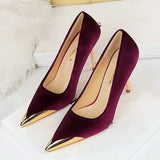 Women's Velvet Stilettos Metal Toe Heel - Wine Red - Party Pumps - 40 B - PU Leather - image 5