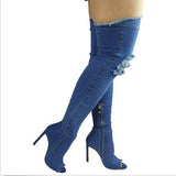 Women's Denim Over Knee Stiletto Boots - Light Blue - Stiletto Boots - 41 B - PU/Canvas - image 15