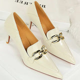 Women's Low Pointed Toe Buckle Pumps - Brown - Pumps - 40 B - PU Leather - image 17