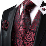Men's 4 Pcs Silk Slim Fashion Waistcoat Sets - Burgundy - Style 1 / 4Pcs Set - MJ-0051 - XXXL - Silk - image 1