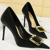 Women's Square Buckle Pointed Toe Pumps - Black - Formal Shoes - 40 B - PU Leather - image 8