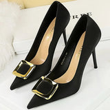 Women's Square Buckle Pointed Toe Pumps - Black - Formal Shoes - 40 B - PU Leather - image 7