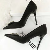 Women's Square Buckle Pointed Toe Pumps - Black - Formal Shoes - 40 B - PU Leather - image 3