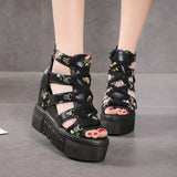 Women's Strappy Platform Wedge Shoes - Black - Flower Sandals - 43 B - PU Leather - image 12
