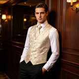 Men's 4pcs Formal Floral Tie Set - Beige - 4pc Tie Set -MJ -3037 - 3XL - Silk - image 4