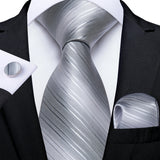 Men's 3 Pcs Silk Silver Striped Tie Set - Silver - 3pc Tie Set - MJ-7003 - One Size - Silk - image 7