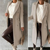 Women's Double Breasted Long Overcoat - Khaki - Women's Jacket - XXXL - Polyester - image 11