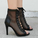 Women's Mesh Peep Toe Stiletto Booties - Beige - 10cm Mesh Booties - 43 B - PU Leather - image 20