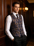 Men's 5 Pcs Luxury Formal Waistcoat Tie Set - Blue/Gold -5Pcs Set - MJ-3006-0079 - XXXL - Silk - image 5