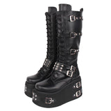 Women's Gothic Buckle Rivet Wedge Boots - Black - Boots - 46 B - PU Leather - image 22