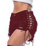 Women's Goth Punk Lace Up Denim Shorts - Red - Shorts - XXXL - Polyester Denim - image 13