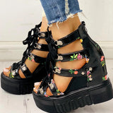 Women's Strappy Platform Wedge Shoes - Black - Flower Sandals - 43 B - PU Leather - image 7