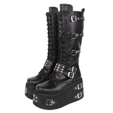 Women's Gothic Buckle Rivet Wedge Boots - Black - Boots - 46 B - PU Leather - image 17