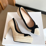 Women's Suede Bow Tie Platorm Heels - Black - 12cm Heel - 42 B - PU Suede Leather - image 22