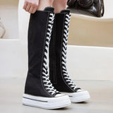 Women's Knee High Platform Canvas Boots - Black - High Top Canvas Sneakers - 40 B - Canvas - image 23