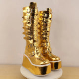 Women's Gold Buckle Strap Platform Boots - Gold - Buckle Boots - 46 B - PU Leather - image 9