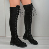Women's Lace Up Over Knee Suede Boots - Black - Boots - 46 B - PU Patent Leather - image 7