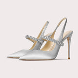 Women's Luxury Diamante Satin Stilettos - Champagne - 10 cm Heel Shoes - 45 B - Satin - image 18