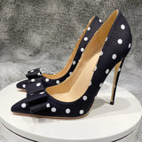 Women's Silk Polka Dot Bow Knot Heels - Black - 1 / 12cm Heel - 46 B - Silk/Leather - image 7