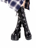 Women's Gothic Harajuku Platform Stud Boots - Black - Cross / Matte / Stud Heel / 10cm - 44 B - PU Leather - image 2