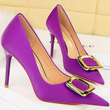 Women's Square Buckle Pointed Toe Pumps - Black - Formal Shoes - 40 B - PU Leather - image 24