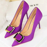 Women's Square Buckle Pointed Toe Pumps - Black - Formal Shoes - 40 B - PU Leather - image 25