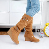 Women's Mid-Calf Suede Wedge Stud Boot - Suede - Brown Camel - 11 B - PU Suede Leather - image 26