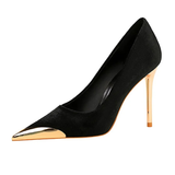 Women's Velvet Stilettos Metal Toe Heel - Black - Party Pumps - 40 B - PU Leather - image 32