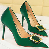 Women's Square Buckle Pointed Toe Pumps - Black - Formal Shoes - 40 B - PU Leather - image 18