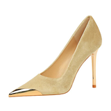 Women's Velvet Stilettos Metal Toe Heel - Wine Red - Party Pumps - 40 B - PU Leather - image 20