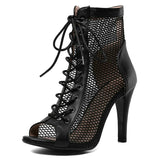 Women's Mesh Peep Toe Stiletto Booties - Beige - 10cm Mesh Booties - 43 B - PU Leather - image 32