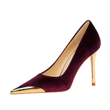 Women's Velvet Stilettos Metal Toe Heel - Wine Red - Party Pumps - 40 B - PU Leather - image 30