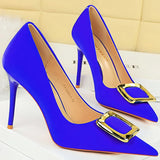 Women's Square Buckle Pointed Toe Pumps - Black - Formal Shoes - 40 B - PU Leather - image 42