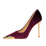Women's Velvet Stilettos Metal Toe Heel - Wine Red - Party Pumps - 40 B - PU Leather - image 2